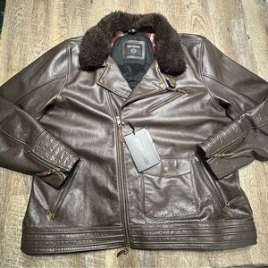 Harley Davidson Maverick Brown Leather  Bomber Jacket 3XL Lined Fir Trim NWT‎